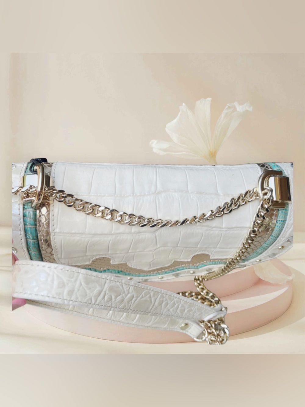 Brahmin NWT Leather Cream Croc-Embossed Convertible Bag w Teal & Brown Accents - Picture 12 of 15
